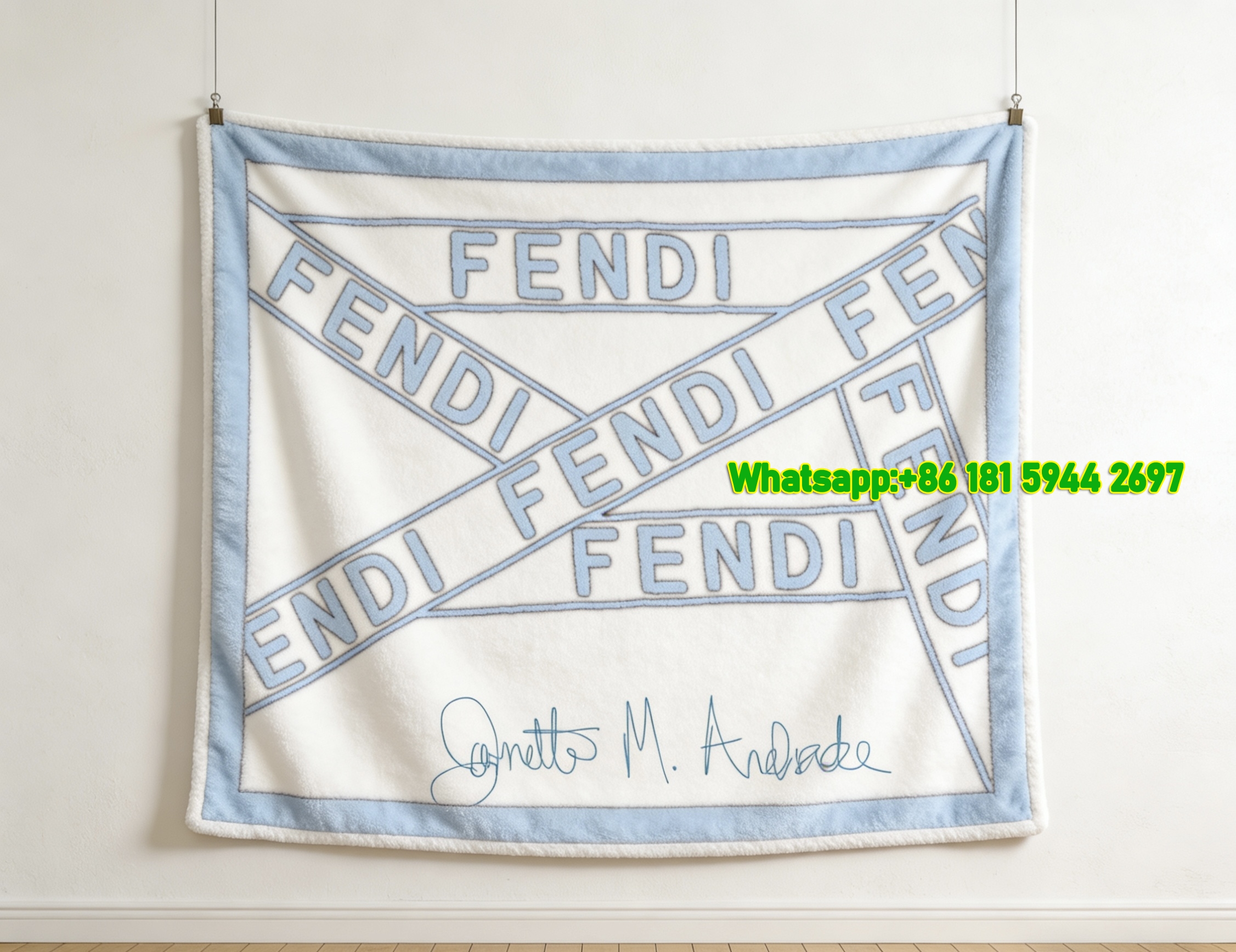 Fendi Light Blue White Striped Flannel Sofa Throw Blanket Wall Decor IMG_9525